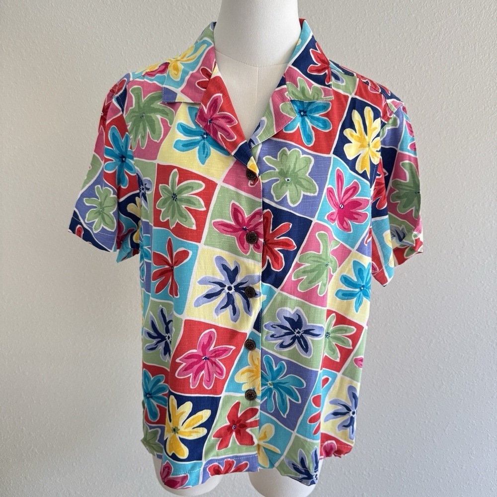 Vtg Caribbean Joe Womens Sz L Hawaiian Shirt Floral Tropical Colorful Bright